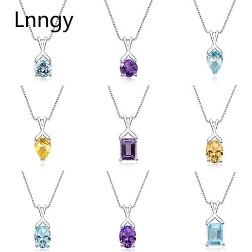 Lnngy Natural Topaz/Amethyst/Ametrine Gem Stone Chain Necklaces Ladies 45cm 925 Sliver Pendants Necklace Women Sterling Jewelry