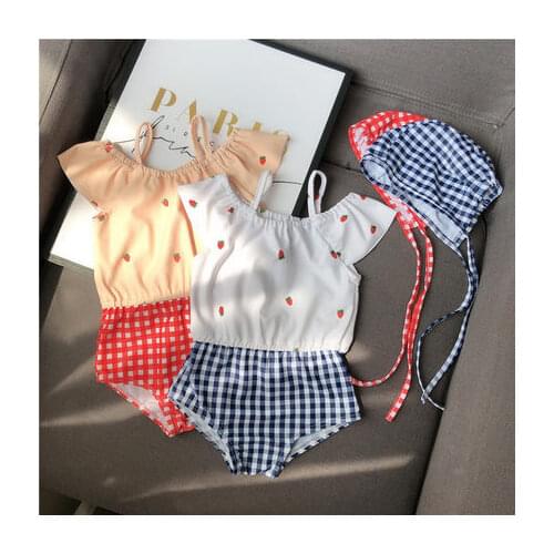 Childrens Swimsuit Girls Plaid One-Piece Swimming Suits With Cap Cute Baby Girls Summer Beach Swimwear Bathing Suits