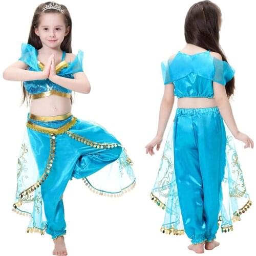 2021 Kids Christmas Halloween Cosplay Jasmine Princess Dress Indian Belly Dance Costume Girls Fancy Dress Up Birthday Costume