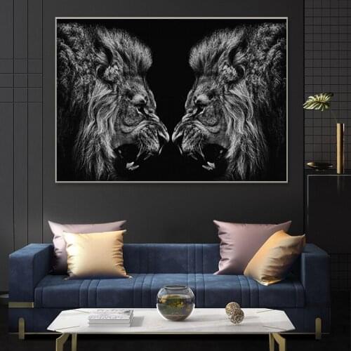 Two Lions Posters and Prints African Wild Animal Canvas Painting Black Lion Art Pictures On the Wall Modern Home Decor Murals