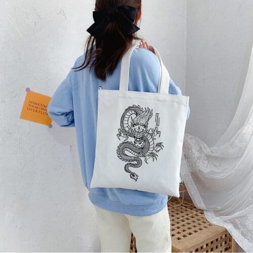 Dragon Canvas Harajuku Large Capacity Punk Gothic Style Women Shoping Bags Classic Vintage Shoulder Bag Handbag Black Tote Bag