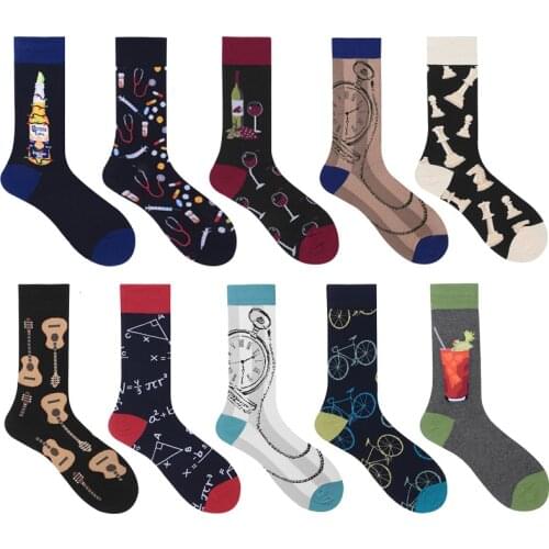Fashion Harajuku Hip Hop Street Trend Men Combed Cotton Socks Wine Guitar Bike Creative Novelty Pattern Happy Casual Skate Socks