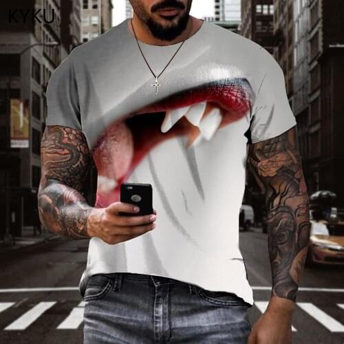 KYKU Mouth T-shirt Men Novel Tshirt Printed White T-shirts 3d Harajuku Tshirts Casual Mens Clothing T shirts Printed Streetwear