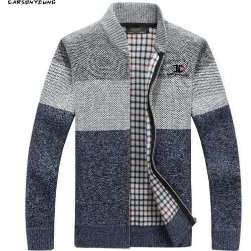 New Autumn Mens Sweater Coat Faux Fur Wool Sweater Jackets Men Stripe Color Matching Casual Knitwear Cardigan Zip Fleece Coats