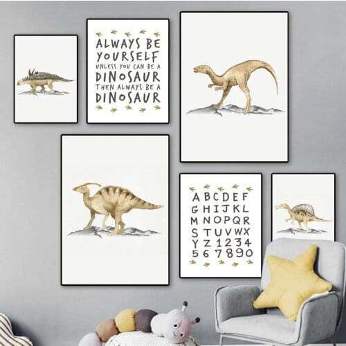 Cartoon Animals Dinosaur Wall Art Canvas Painting Number Alphabet Nordic Posters And Prints Wall Pictures For Kids Room Decor