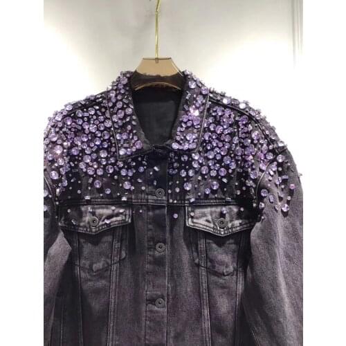 European New Autumn Loose Retro Heavy Purple Rhinestone Beaded Black Short Denim Jackets Coats Women Fashion Streetwear 2021