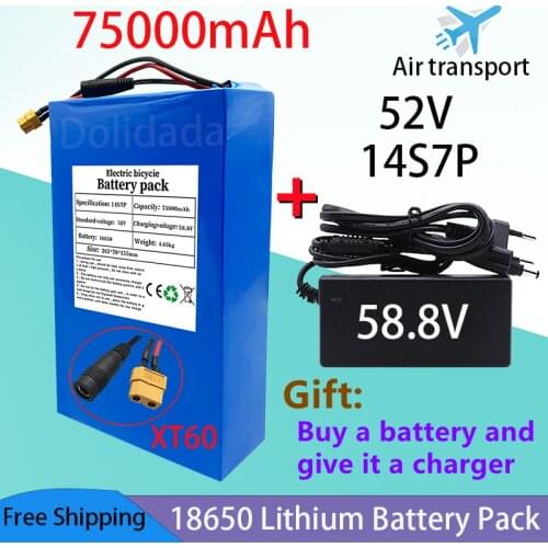 NEW 52V 14S7P 75000mah 18650 2000W lithium battery for balance car, electric bike, scooter, tricycle (with bms 58.8V 3A charger)