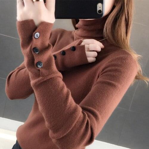 2020 Autumn and Winter Clothing New Korean Button Slim Long-sleeved Pile High-neck Knitted Bottoming Shirt Sweater Blouse