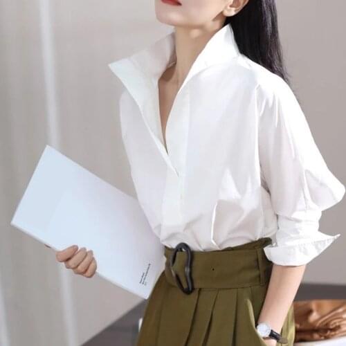 Autumn cotton bat 7 / 4 Sleeve Shirt womens wide loose collar white shirt fashionable and stylish blouse