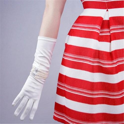 Silk Gloves 38cm Elastic Silk Satin White Beige Pearl Long Female Sunscreen Gloves SCM38