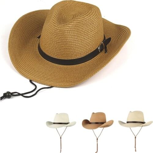 Western cowboy hat summer mens beach hat outdoor roll-brimmed sun hat straw hat large brim hat adjustable panama hat
