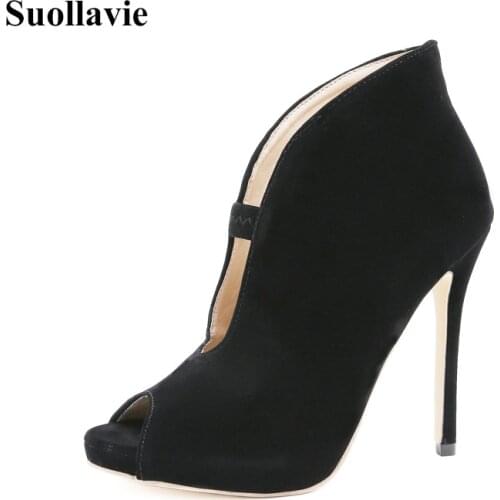 Suollavie new fashion shoes women solid black female pumps dress high heels peep toe boots women thin heel boots botas de mujer