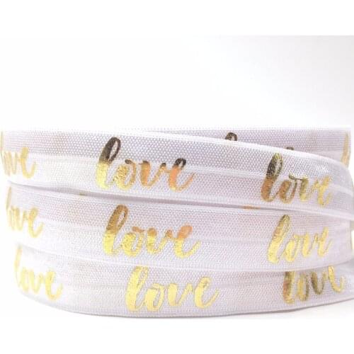 High Quality Love Print Fold Over Elastic 5/8" Hair Tie FOE Ribbon White 10 yards for Girls Headband Bracelet DIY Head wear