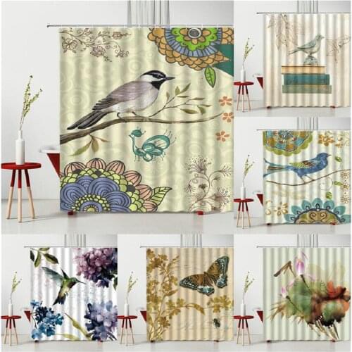 Shower Curtain Bird Flowers Butterfly Leaves Classical Painting Printing Pattern Curtain Partition Home Decoration Multiple Size