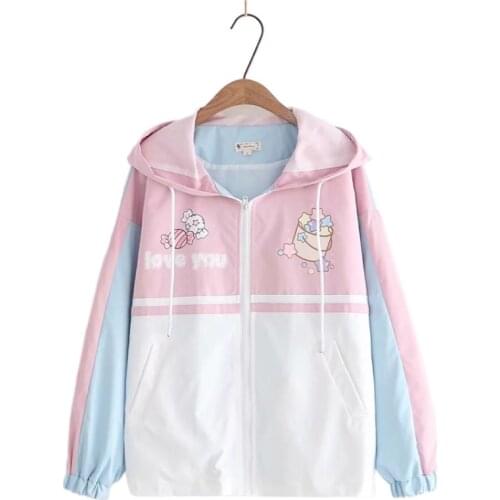 Merry Pretty Women Cartoon Print Contrast color Basic Jacket 2020 Winter Long Sleeve Hooded Jacket Casual Zippers Outerwear Coat