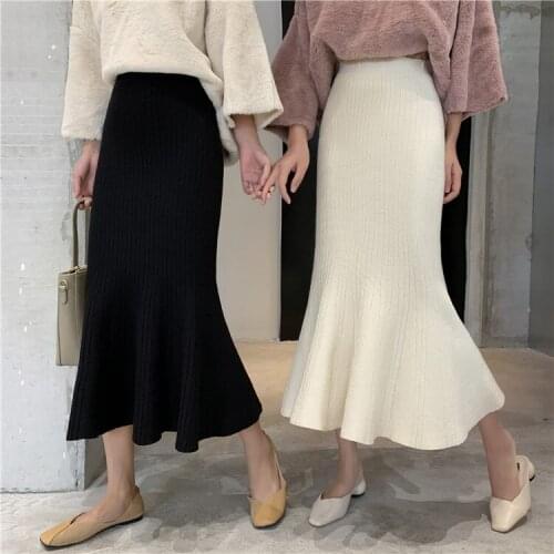 Fall Winter Korean Chic Ruffles Slim High Waist Mermaid Skirts Women Wild Solid Wrap Hip Knitted Trumpet Skirt Faldas
