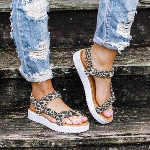 Cross-border large size fashion lightweight platform casual ladies sandals popular velcro leopard print open toe sandals