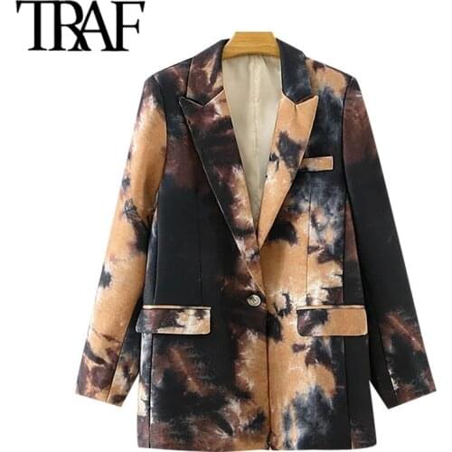 TRAF Women Fashion Single Button Graffiti Print Blazer Coat Vintage Long Sleeve Pockets Female Outerwear Chic Tops