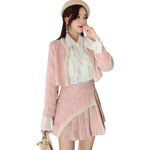 New 2019 Autumn Winter Women Tweed 3 Piece Sets Fashion Pearls Beading Short Coat + White Chiffon Ruffles Shirts And Mini Skirt