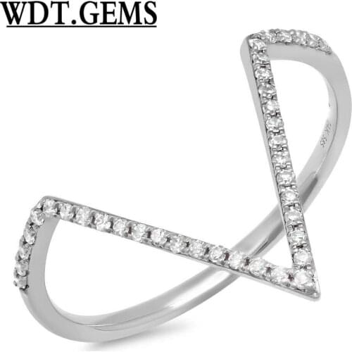 Womens 0.11 CT 10K White Gold Natural Round Cut Diamond V Shape Statement Ring