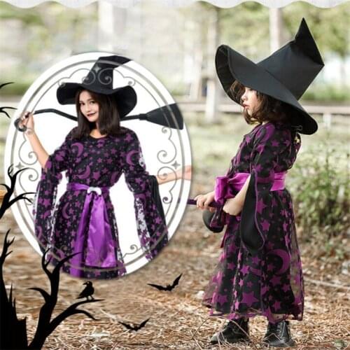 Women Girls Dress Fancy Print Moon Magic Wizard Dress Up Hat Outfits Carnival Party Evil Witch Halloween Anime Cosplay Costume