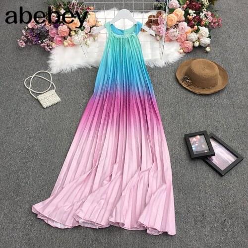 2021 New Summer Women Fashion All-match O-neck sleeveless Dress rainbow color pleated loose Halter Dress