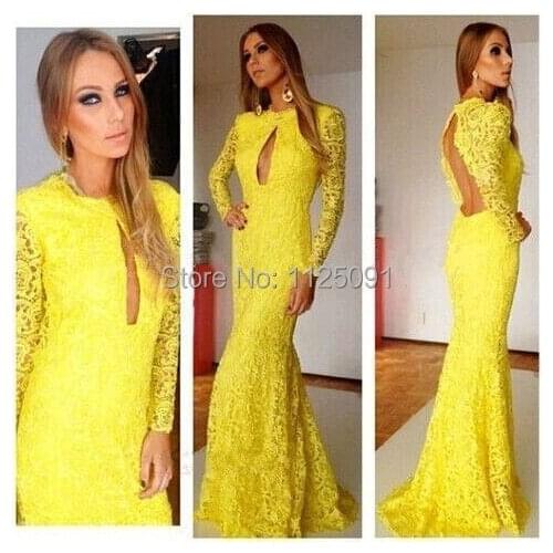 Fast Shipping Hot Selling Elegant Mermaid Yellow Gown Party Dresses Sexy Backless High Quality Full Lace Evening Dress