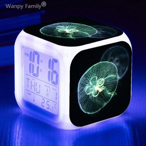 Sea World Jellyfish Fish Alarm Clock 7 Color Glowing Digital Clock LED Big Screen Multifunction Touch Sensing Electronic Clock