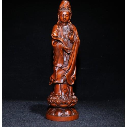 8"China Lucky Old Boxwood Hand-carved Wishful Guanyin Bodhisattva Standing Buddha Office Ornaments Town House Exorcism