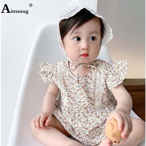 Aimsnug Baby Toddler Patchwork Lace Rompers Kids Clothing 2021 Summer Casual Flower Print Playsuits Girls Sweet Cute Bodysuits