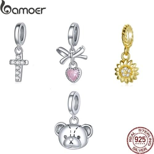 Bamoer 925 Sterling Silver Big Hole Pink Heart Charm Sunflower Cross Bear Pendant for Original Bracelet Bangle DIY Accessories L