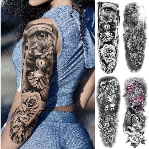 Large Arm Sleeve Tattoo Hourglass Rose Eye Waterproof Temporary Tatto Sticker Angel Owl Body Art Full Fake Tatoo Women Men