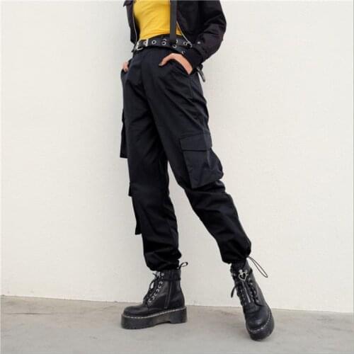 Women Loose Cargo Pants Solid Color High Waist Drawstring Trousers with Pockets Female Cool Cargo Long Pants Trouser Streetwear