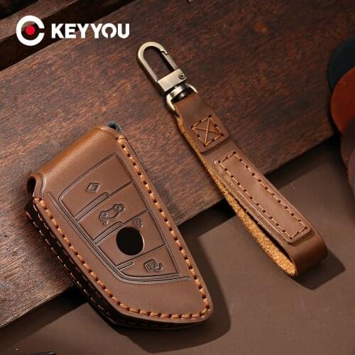 KEYYOU For BMW 1 2 3 4 5 6 7 Series X1 X3 X4 X5 X6 F30 F34 F10 F07 F20 G30 F15 F16 Genuine Leather Car Key Cover Protector Case