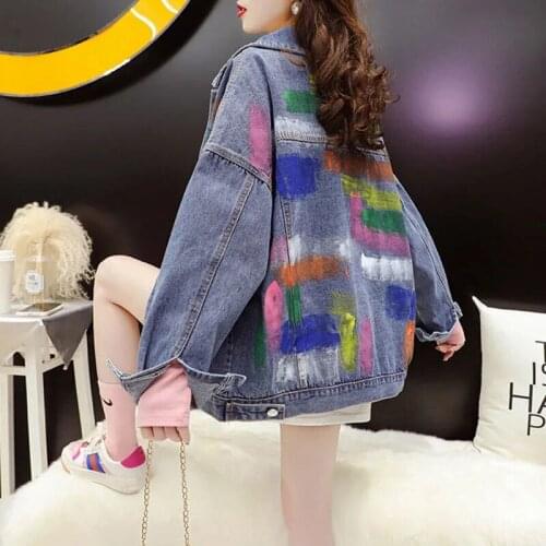 Fashion Denim Jecket Womens Loose Long Sleeve Single-breasted Korean Version Clothing Graffiti 2021 Veste Jeans Femme Short Coat