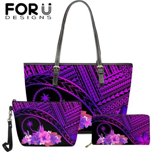 FORUDESIGNS Purple Chuuk Polynesian Bag For Women 3 Pcs Leather Handbags with Purses Set Designer Luxury Hibiscus Shoulder Bolso