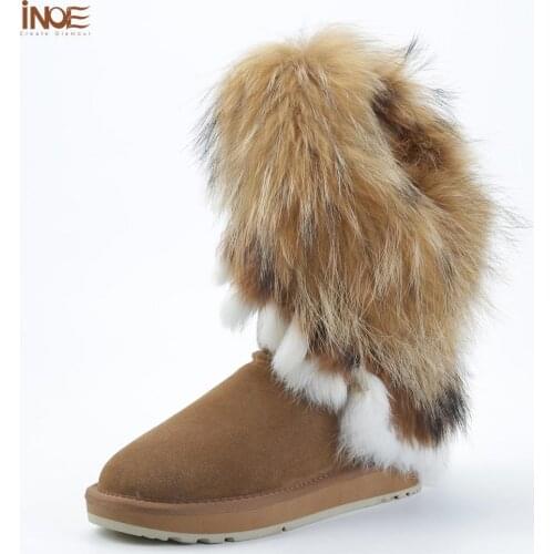 INOE Fashion Fox Fur Woman Knee High Cow Suede Leather Winter Boots for Lidies Snow Boots Rabbit Fur Tassels Keep Warm Boots