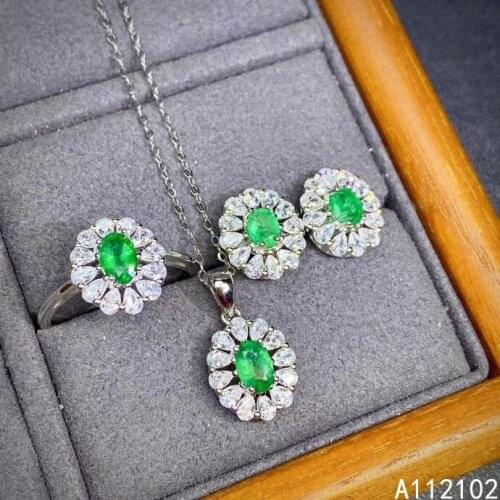KJJEAXCMY fine jewelry 925 sterling silver inlaid natural emerald Womens luxury pendant Ring Earrings Flower gem set support