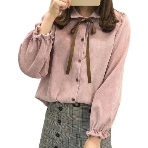 Fashion sweet women blouse Spring Autumn long sleeve ladies tops Corduroy bow tie casual women clothing blusas harajuku DD2387