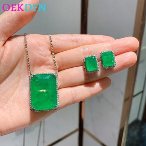 OEKDFN Vintage 100% 925 Sterling Silver Earrings/Pendant/Necklace Luxury Emerald Gemstone Wedding Cocktail Jewelry Sets Gift