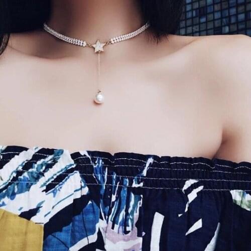 Star Collarbone Chain Necklace Imitation Pearl Pendant Concise Style Statement Necklaces Rhinestone Choker Jewelry Mrs win