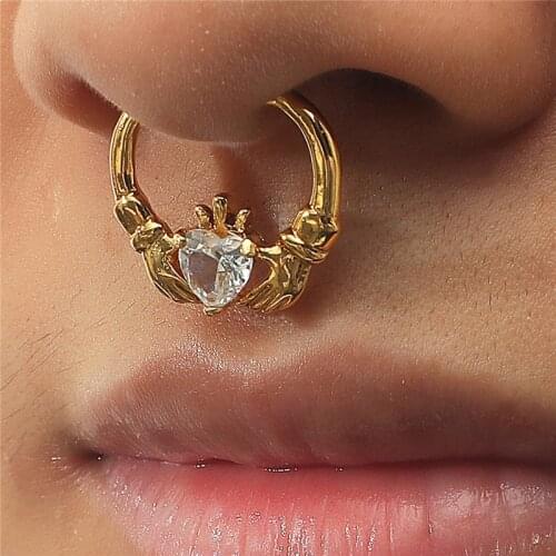 Punk Hug Heart Crystal Nose Ring For Women Girl Metal Copper Fake Piercing Nose Cuff Clip Sexy Nose Hoop Body Jewelry Gifts