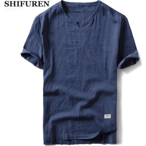 SHIFUREN 2019 Summer Mens Short Sleeve Cotton Linen Shirts Soft Breathable Causal Male Social Shirts Tops Size M-XXXL