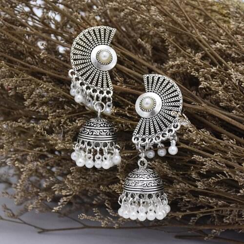 Afghan Oxidized Silver Color Pearl Tassel Earrings for Women Boho Big Fan pendientes Jhumka Earring Indian Turk Gypsy Jewelry