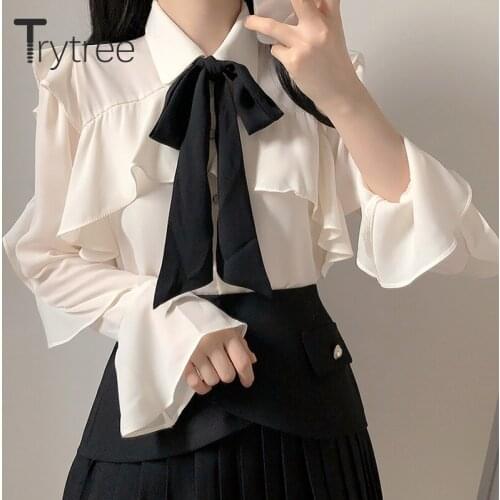 Trytree 2020 Spring Autumn Blouse Women Casual Bow Turn-down Collar Ruffles Breasted Butterfly Sleeve Office Lady Shirts Tops