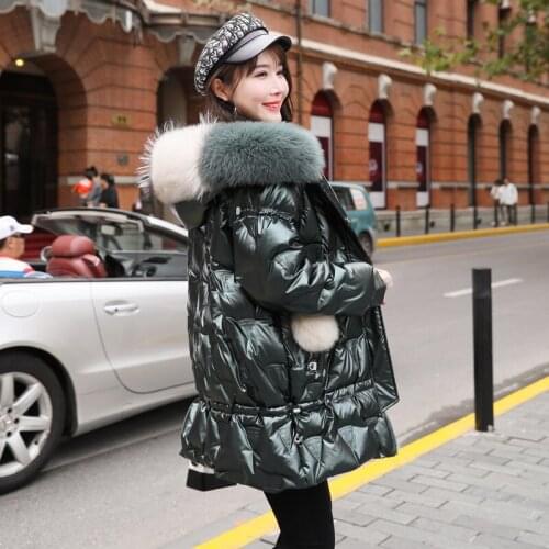 Glossy Winter White Duck Down Coat Parkas WomensReal Fox Fur Collar Jacket Winter New Style Glossy Down Jackets Long Overcoat