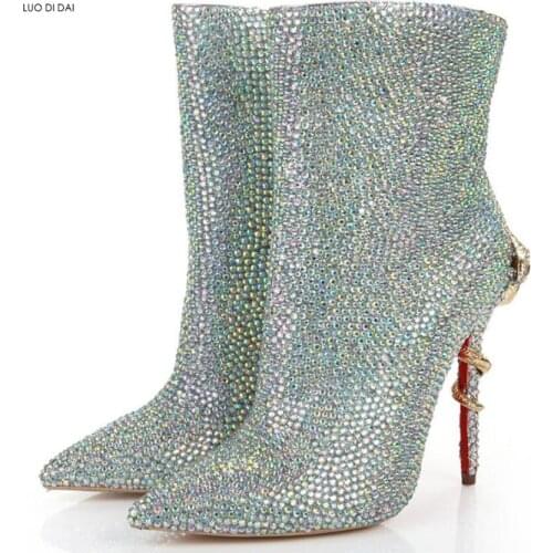 2020 women diamond boots point toe glitter booties thin heel rhinestone boots lady dress shoes gladiator mujer botas snake heel