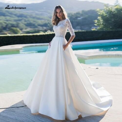 Robe Satin Wedding Dress Lace Half Sleeves A Line 2020 Elegant Bridal Dress Princess African Wedding Dresses with Pockets
