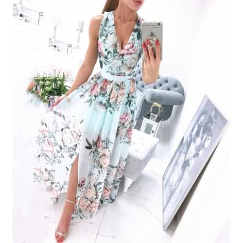 Women Summer Sleeveless Chiffon Maxi Dress Sexy Deep V Neck Floral Print Tunic Split Elegant Party Beach Holiday Dresses Robe