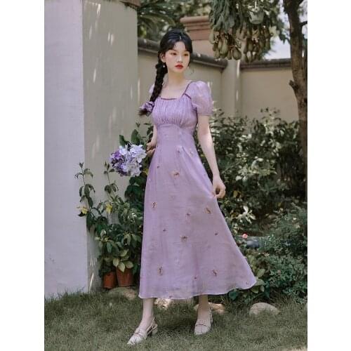 Dreamy Gentle Purple Embroidered Retro Fairy Dress Women Summer 2021 Elegant Chic Square Neck Puff Sleeve Sweet Vestido Female